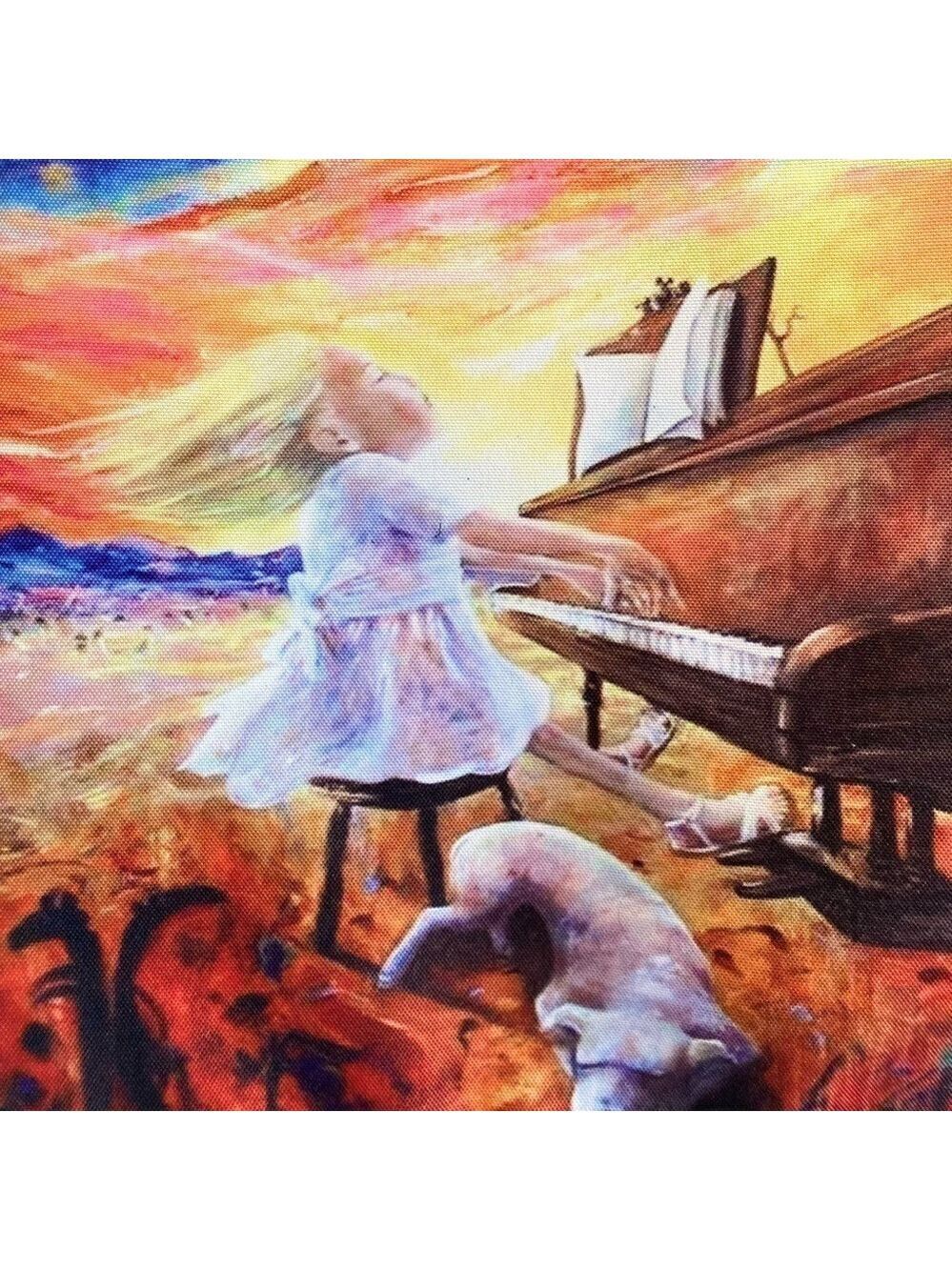 Tote Bag Picture of Little Girl Playing Brown Piano. Size: 35cm x 35cm